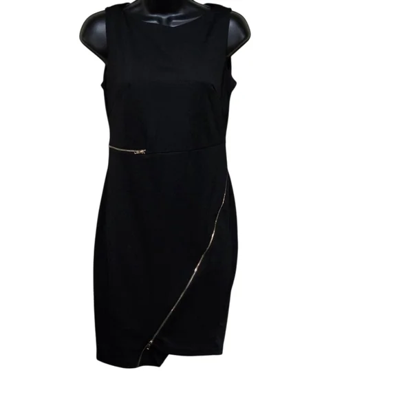 Juniors Elegant Short Black Zipper Dress with Gold Accents Size M - Picture 1 of 7